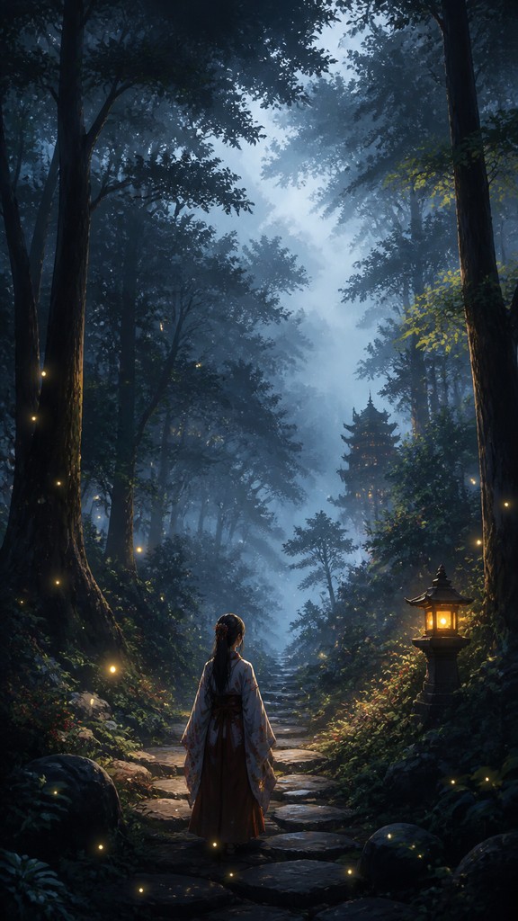 a mysterious forest path with fireflies and drifting mist, atmospheric vertical composition with open space at the top, no text