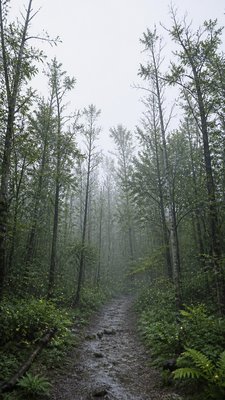 a mysterious forest path with fireflies and drifting mist, atmospheric vertical composition with open space at the top, no text