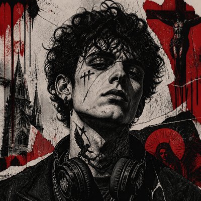 head-and-shoulders portrait of an original character: a young man with curly dark hair and headphones around his neck, plain backdrop, no text