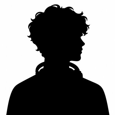 head-and-shoulders portrait of an original character: a young man with curly dark hair and headphones around his neck, plain backdrop, no text