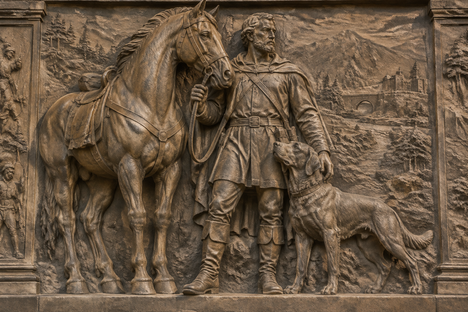 sculpture of a horse, man, and dog close together