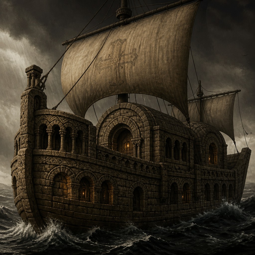 sailing ship on a stormy sea — Romanesque Architecture