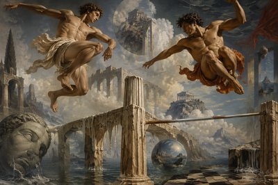 two ancient greek athletes jumping in midair