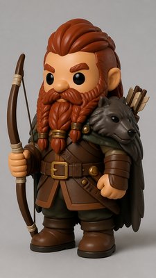 full-body original character: a dwarven ranger with a braided auburn beard, worn leather armor, a longbow and a wolf-pelt cloak, neutral background, no text