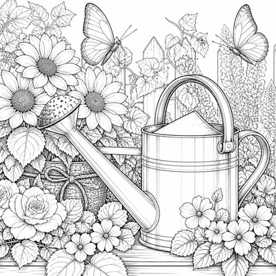 a garden scene with butterflies, flowers and a watering can, clean uncolored line art, no text
