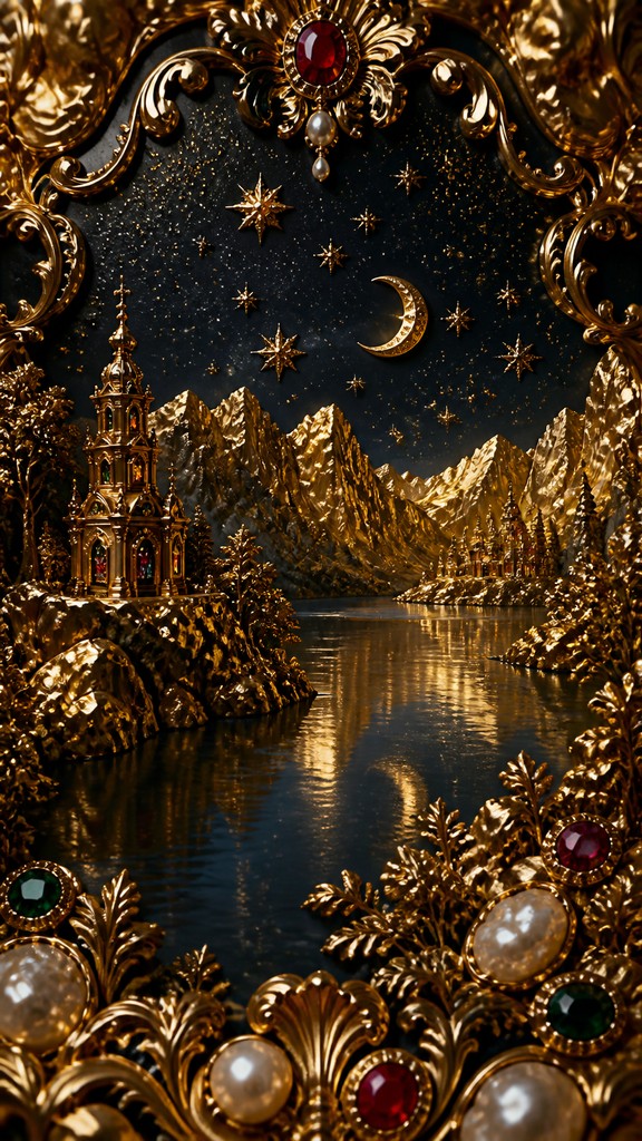 a tranquil mountain lake beneath a starry night sky, no people, no text