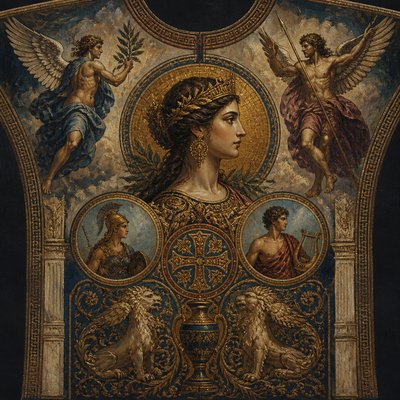 create a design the combines byzantine, Greek mythology and renaissance for garment placement