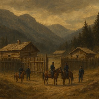 Create an image of the short-lived U.S. Army post known as Fort Lowell, New Mexico, circa 1868. The buildings are made of rough-hewn, rustic logs and timber, surrounded by a high mountain valley and coniferous trees, reflecting the high altitude of the New Mexico territory. Show a small number of New Mexico volunteers in period uniforms and their horses within a simple log palisade or fence line. The scene should be overcast and rugged, capturing the isolation of a frontier outpost