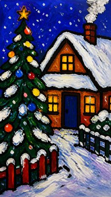 a snow-covered cottage with warm glowing windows beside a decorated pine tree, gentle snowfall, no text