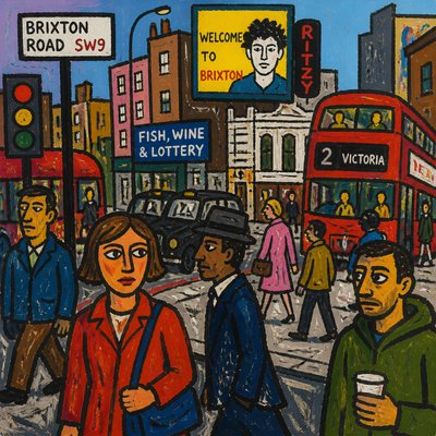 urban street with city activity — Stuckism Art Style