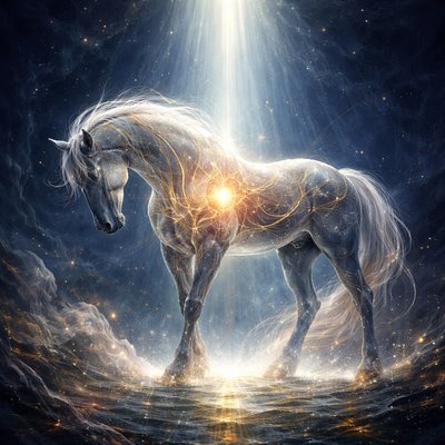 A majestic, powerful warhorse standing in a void of deep celestial blue. The horse is translucent, made of shimmering ethereal light and "golden threads," representing the human heart. From above, a single, piercing beam of divine white light descends, illuminating the horse's "inner workings" and spirit. The horse looks strong but is bowed in submission, showing that its "great strength" is nothing under the gaze of the Creator. Highly detailed, sacred art style, glowing highlights, volumetric lighting.