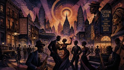 bustling city street panorama at dusk