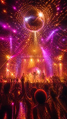 a live music scene with a glowing stage and silhouetted crowd, energetic vertical composition with open space at the top, no text