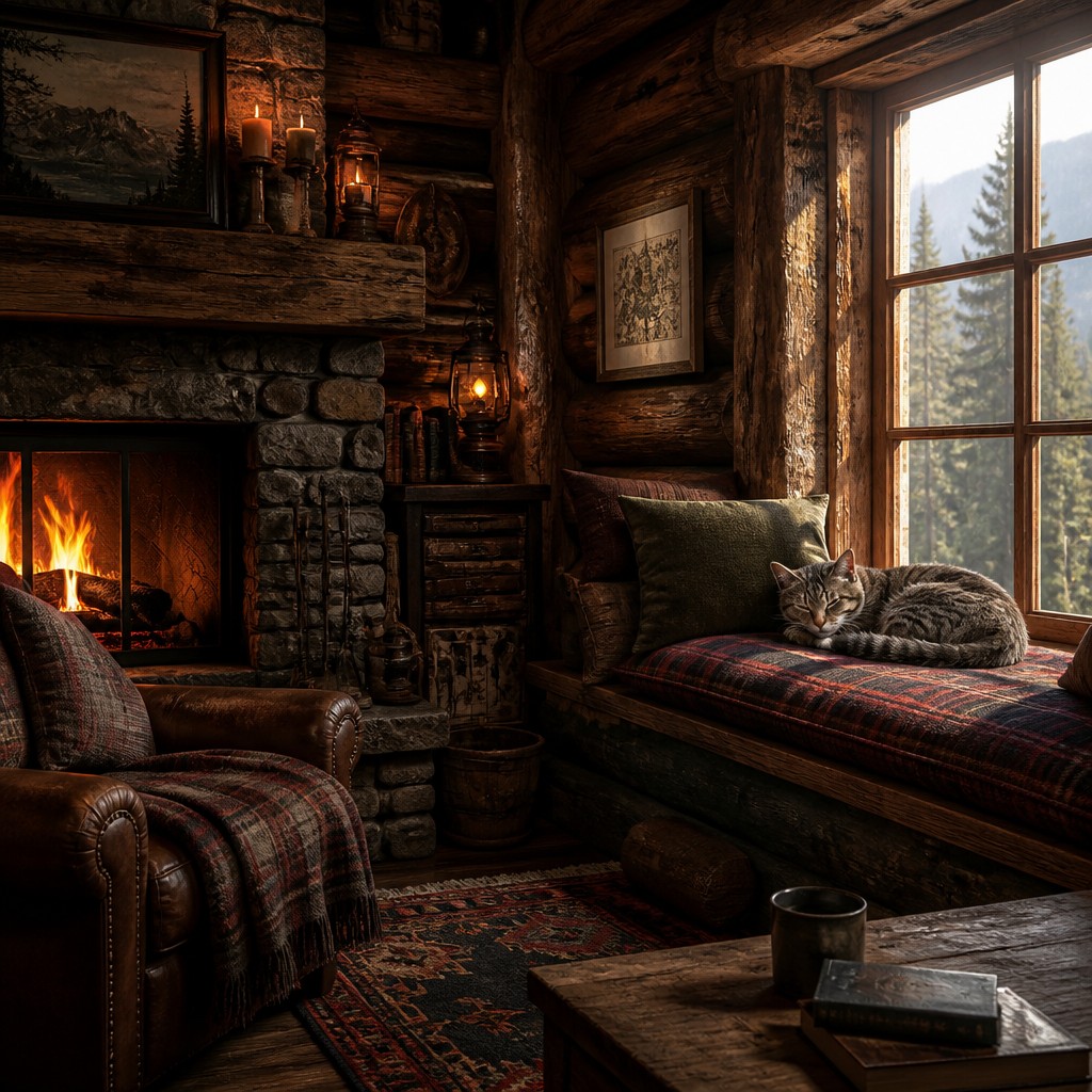 a cat lounging in a sunlit window — Rustic Cabin Interior Design