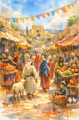 Ancient Jerusalem street scene during the feast of passover.  A feeling of festivity.  Pilgrims walking in the marketplace.  Vendors in booths on both sides of the street.  Bright spring day with good weather.
