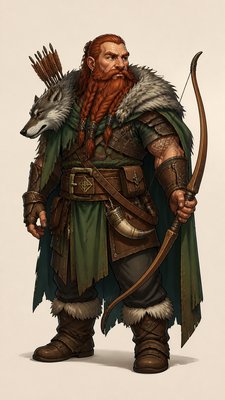 full-body original character: a dwarven ranger with a braided auburn beard, worn leather armor, a longbow and a wolf-pelt cloak, neutral background, no text