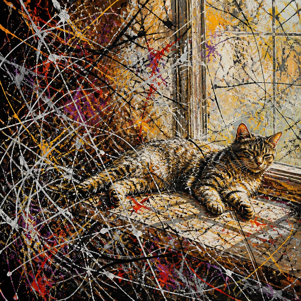 a cat lounging in a sunlit window — Action Painting Art Style