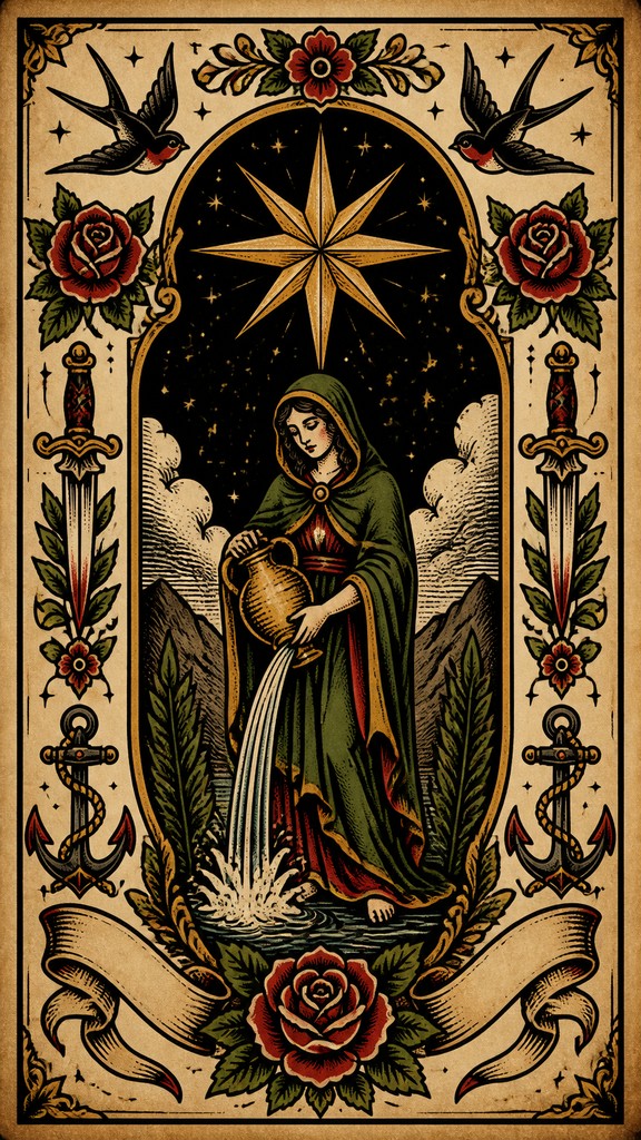 a robed figure pouring water beneath a large eight-pointed star in a night sky, symmetrical composition with an ornate decorative border, no text