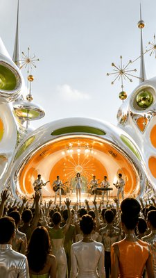 a live music scene with a glowing stage and silhouetted crowd, energetic vertical composition with open space at the top, no text