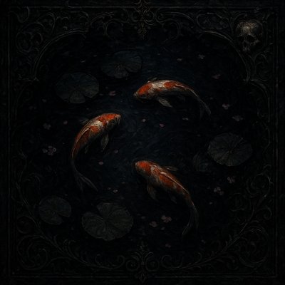 A koi pond seen from above, orange and white koi fish swimming among lily pads, clear water with subtle ripples, fallen cherry blossom petals floating on the surface, dappled sunlight