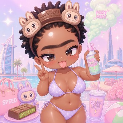 I show speed wearing a bikini with a labubu Dubai chocolate headband and Mono brows and a fart mist coming out of a shiny forehead 
