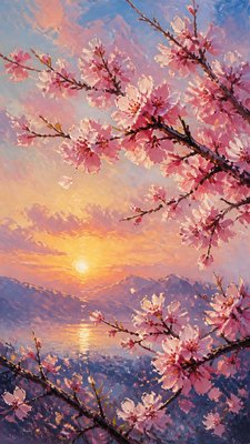 cherry blossom branches against a soft dawn sky, no people
