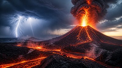 an erupting volcano with lightning strikes, dramatic wide composition, no text