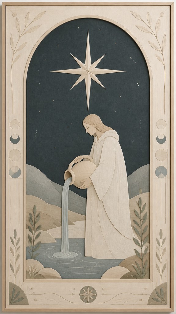 a robed figure pouring water beneath a large eight-pointed star in a night sky, symmetrical composition with an ornate decorative border, no text