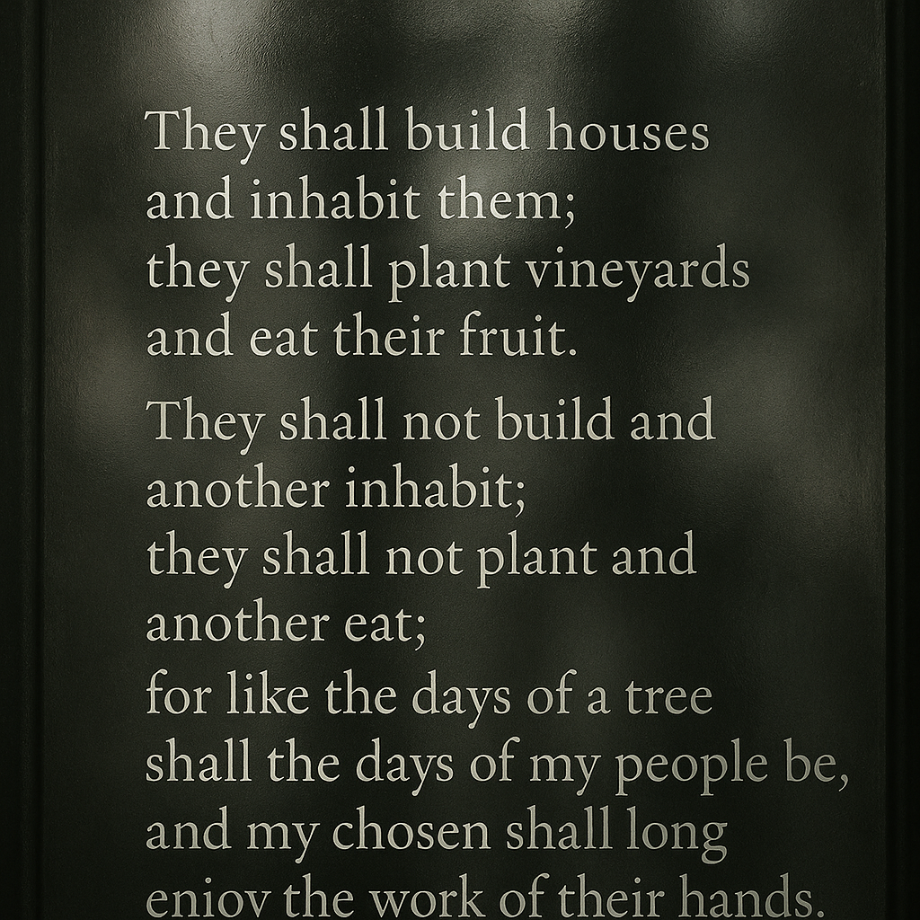 They shall build houses and inhabit them;
they shall plant vineyards and eat their fruit.
They shall not build and another inhabit;
they shall not plant and another eat;
for like the days of a tree shall the days of my people be,
and my chosen shall long enjoy the work of their hands.
