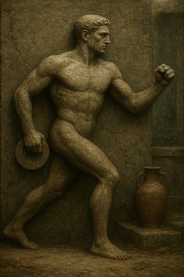 a statue of a man standing next to a vase