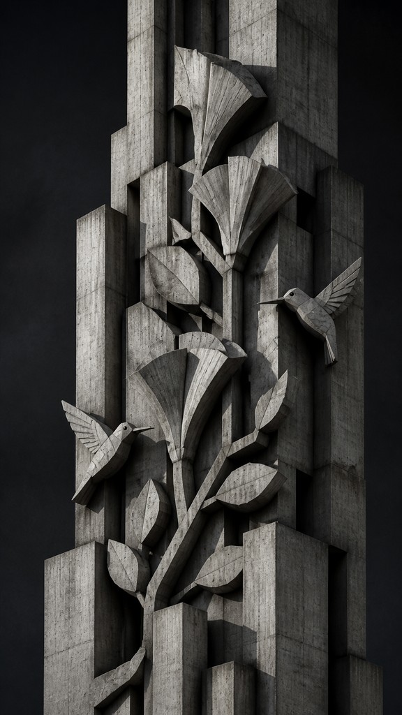 a climbing vine of flowers and hummingbirds on a dark background, tall wrapping composition, no text