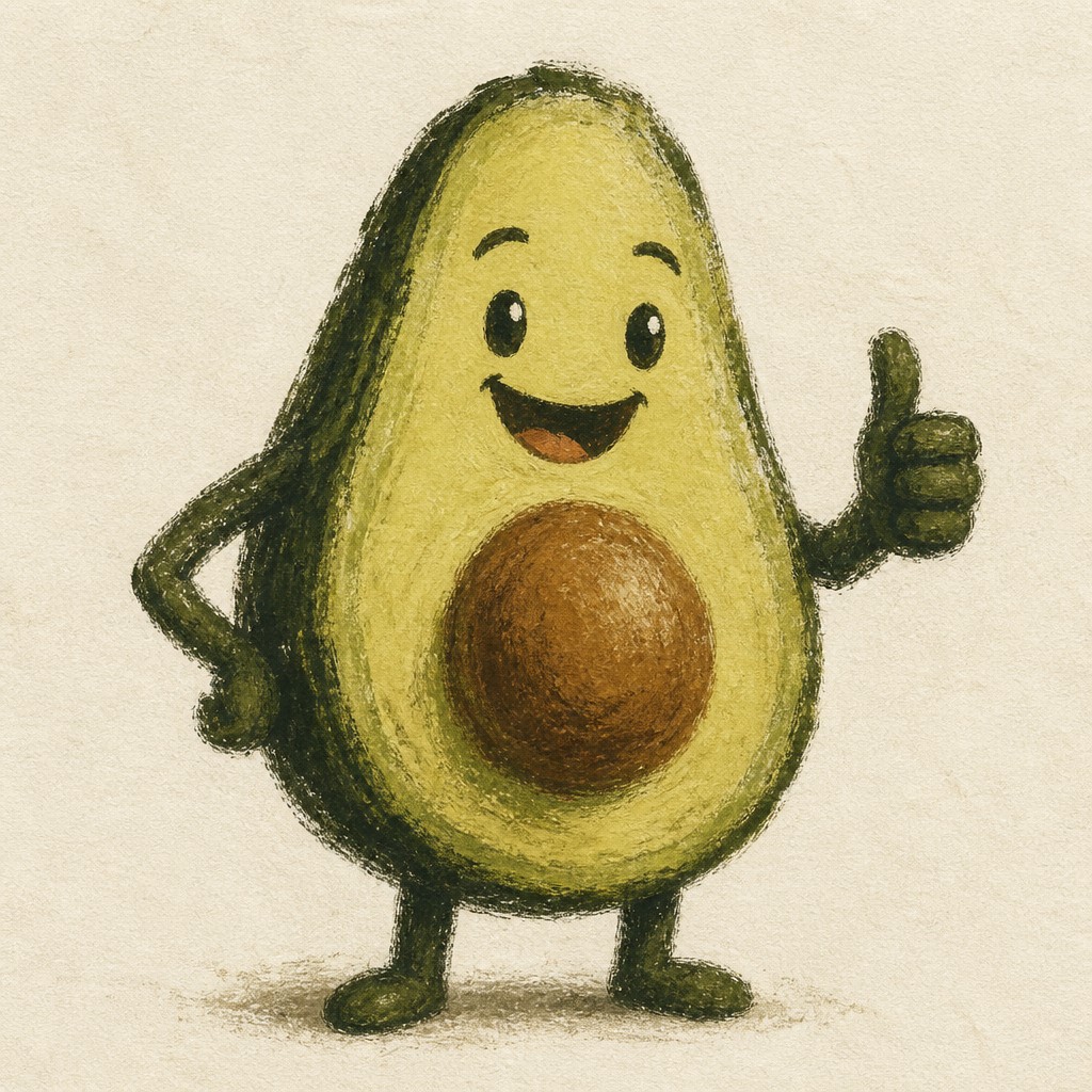 a happy avocado character giving a thumbs up, bold readable design on a plain background, no text