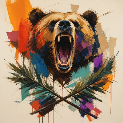 a roaring bear head above crossed pine branches, bold graphic composition on a plain background, no text