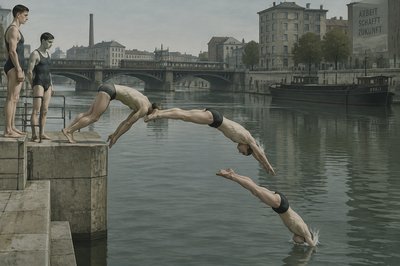 swimmers diving into the river