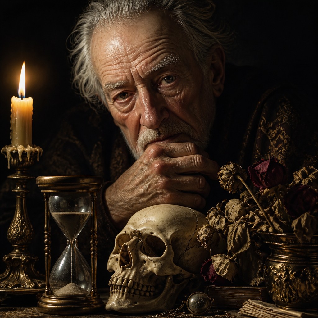 close-up portrait of an elderly person with expressive weathered features — Memento Mori Art Style
