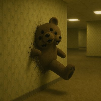 make the famous Bear (ALPHA) Default bear but as a still life where his body is halfway through the wall but one of his legs are sticking out as his head is slightly off where one of his ears and nose and eyes and mouth are randomly duplicated and same goes for the limbs