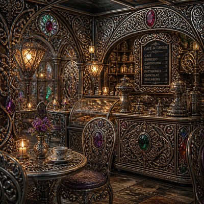 cozy cafe interior with warm lighting
