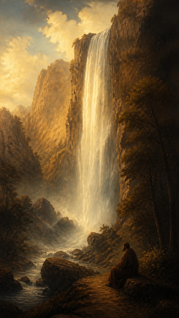 towering waterfall cascading down a cliff