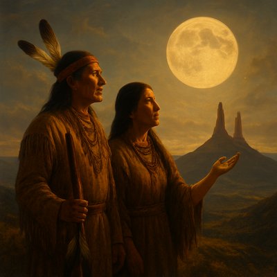 A historically accurate, deeply reverent and spiritually evocative oil painting. Two traditional Southern Ute individuals, a man and a woman, stand side-by-side with profound solemnity and ancient peace on the high mesa overlooking the twin spires of Chimney Rock National Monument (Chimney Rock and Companion Rock). They are dressed in authentic, richly detailed traditional attire. The man holds a feathered staff, his gaze directed towards the horizon, symbolizing his role as a protector and observer of the earth. The woman gestures subtly towards the sky, her posture conveying an intimate connection to the celestial, perhaps in a gesture of spiritual offering or acknowledgment. The scene's context is the stalling of the moon's analemma, with the moon itself appearing large and prominent, hanging low in the sky, its unique position clearly marking this cyclical astronomical pause. The atmosphere is bathed in the ethereal, soft glow of early morning light, just as the sun begins to kiss the distant peaks, casting long, significant shadows that stretch across the mesa. Their faces are etched with wisdom and a quiet understanding of the cosmos. The vast, spiritual landscape of Chimney Rock is an integral part of the composition, symbolizing their deep, timeless connection to both earth and sky, and their role as guardians of this sacred knowledge. Fine art composition, conveying a powerful sense of timeless ritual, astronomical reverence, and cultural continuity