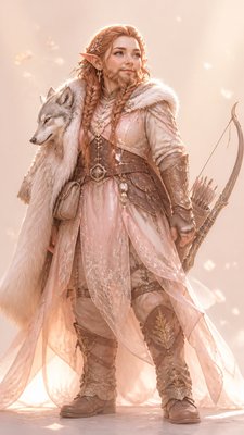 full-body original character: a dwarven ranger with a braided auburn beard, worn leather armor, a longbow and a wolf-pelt cloak, neutral background, no text