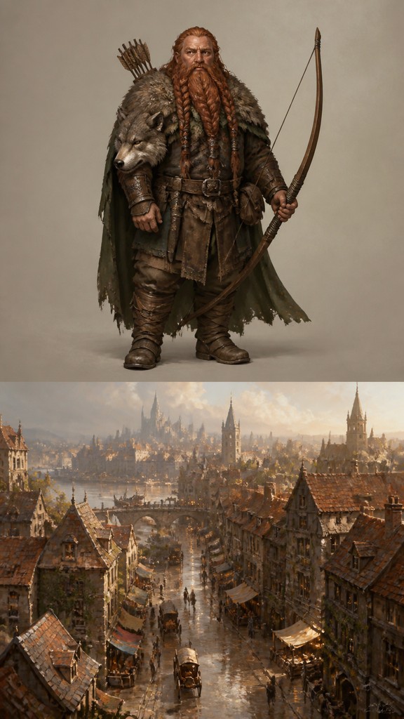 full-body original character: a dwarven ranger with a braided auburn beard, worn leather armor, a longbow and a wolf-pelt cloak, neutral background, no text