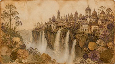 a cliffside city with waterfalls cascading into a misty canyon, wide establishing shot, no people, no text