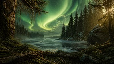 a sweeping aurora over a frozen lake, no people