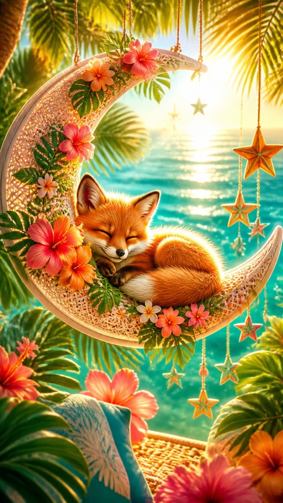 a sleeping baby fox curled on a crescent moon among soft stars, gentle and warm, no text
