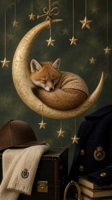 a sleeping baby fox curled on a crescent moon among soft stars, gentle and warm, no text