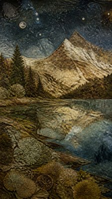 a tranquil mountain lake beneath a starry night sky, no people, no text