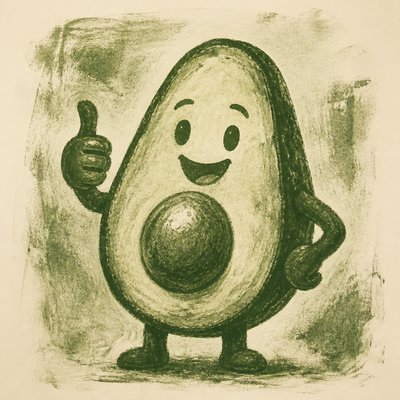 a happy avocado character giving a thumbs up, bold readable design on a plain background, no text