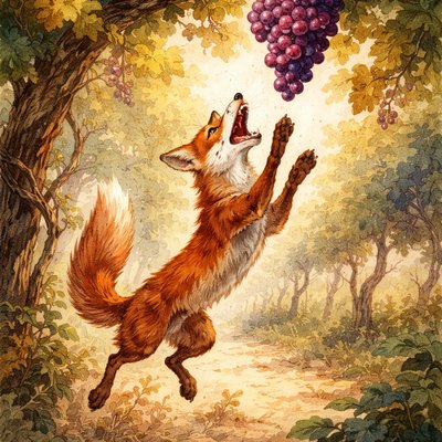 Golden Age Storybook Illustration Style, Rich Watercolor and Ink, Warm Sun-Drenched Lighting. A dynamic scene capturing a moment of desperate effort in a lush, overgrown vineyard.

    The Action (The Fox): A lithe, reddish-orange fox is caught in mid-air at the very apex of a maximum vertical leap. Its body is stretched precariously thin, hind legs kicking the air, and front paws strained upward. Its jaws are snapping wildly just inches below the target, eyes wide with intense, watering desire and frustration. The fox looks slightly bedraggled, suggesting this is not the first jump.

    The Prize (The Grapes): Hanging tantalizingly just out of reach from a thick, gnarled old vine is a magnificent, heavy cluster of deep purple, plump grapes. They are rendered to look incredibly juicy, dusted with natural bloom and catching the sunlight so they appear almost glowing and irresistible.

    The Setting: The afternoon sun filters through broad green grape leaves, casting dappled light on the dusty ground below, which shows disturbed earth from previous failed attempts. The overall mood is one of hot, tantalizing frustration.