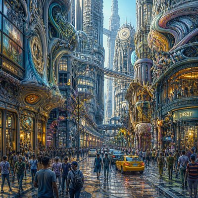 urban street with city activity — AI Art Style
