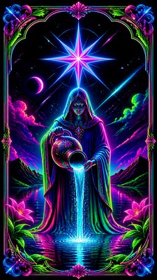 a robed figure pouring water beneath a large eight-pointed star in a night sky, symmetrical composition with an ornate decorative border, no text